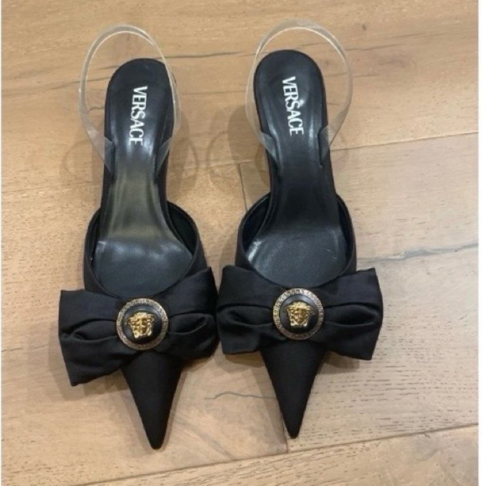 Versace Black Pointed Toe Slingback Pumps with Bow and Gold Medusa